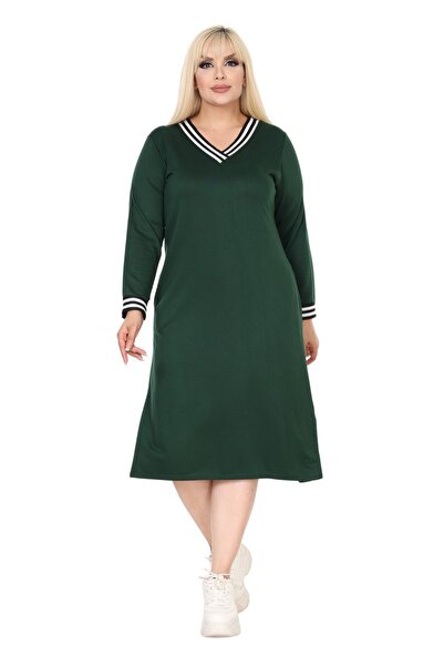 MELSAY Emerald Green V-Neck Striped Women's Sweat Dress