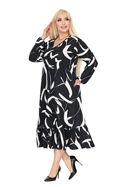 MELSAY Women's Black Winter Plus Size V Neck White Feather Pattern Robe Dress