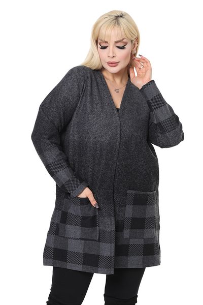 MELSAY Plus Size Anthracite Checked Interlock Knitted Short Cardigan