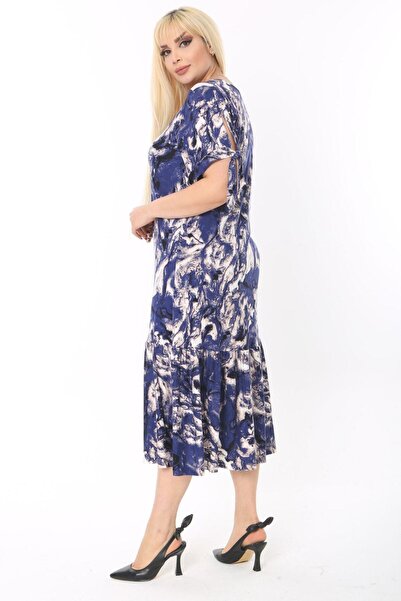 MELSAY Women's Plus Size Sleeves Rope Tie Blue Tie-Dye Pattern Dress