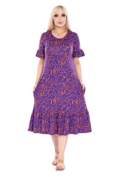 MELSAY Women's Short Sleeve Skirt Frilly Purple Flower Pattern Large Size Dress