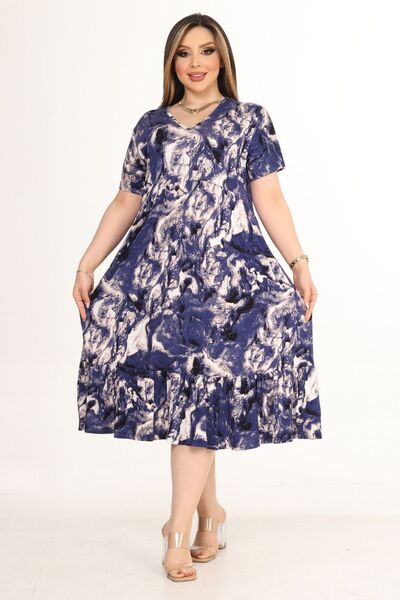 MELSAY Rochie de damă cu mânecă scurtă cu model batik albastru