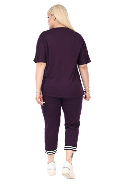 MELSAY Γυναικείο κοστούμι κάπρι με μωβ λαιμόκοψη με λεπτομέρεια κοντό μανίκι ελαστική μέση