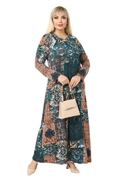 MELSAY Women's Plus Size Green Authentic Pattern Long Sleeve Viscose Hijab Dress