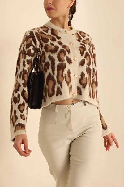LUSHİGO Leopar desenli Kısa Sakallı Yumuşak Dokulu Triko Kadın Hırka