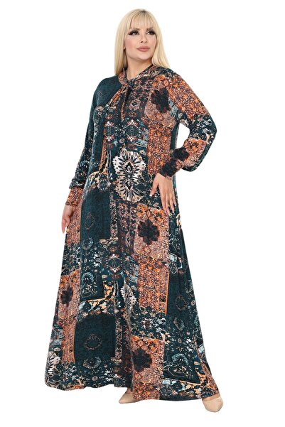 MELSAY Πράσινο Ethnic Print - Μακρυμάνικο Hijab Φόρεμα με λαιμόκοψη