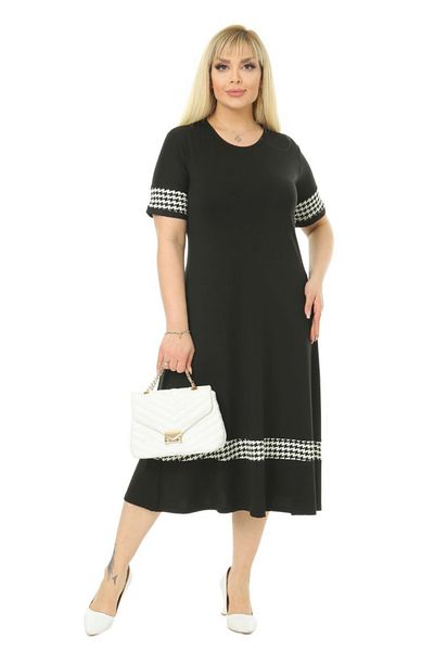 MELSAY Γυναικεία μαύρη κοντομάνικη φούστα Houndstooth ρίγα Λεπτομερές μίντι πλεκτό φόρεμα