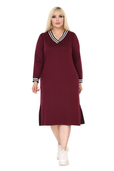 MELSAY Plus Size V-Neck Striped Burgundy Sweat Dress