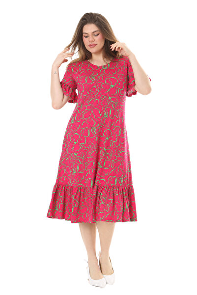 MELSAY Γυναικείο κοντομάνικο φόρεμα σε ροζ λουλούδι με βολάν και τσέπες