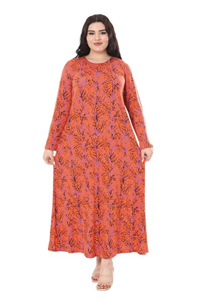 MELSAY Kadın Büyük Beden Turuncu Ince Mercan Desen Uzun Kol Tesettür Elbise