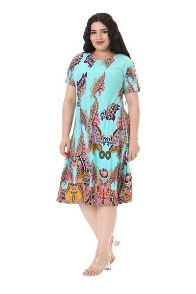 MELSAY Turquoise Shawl Patterned Short Sleeve Midi Dress - Women's Plus Size