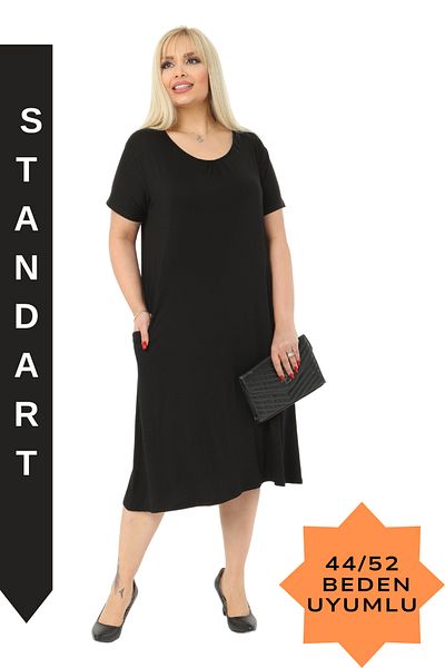 MELSAY Women's Short Sleeve Black Plus Size Standard Fit Viscose Dress 44-52 Size Range