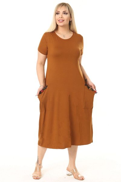 MELSAY Women's Short Sleeve Mustard Pockets Tassel Detail Midi Dress