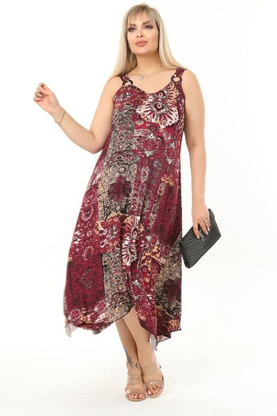 MELSAY Rochie de damă cu croială asimetrica rosie claret cu model etnic marime mari cu bretele