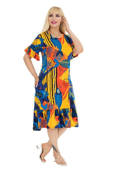 MELSAY Rochie de damă cu model de pește galben, cu detaliu cu volane pe mâneci și fustă