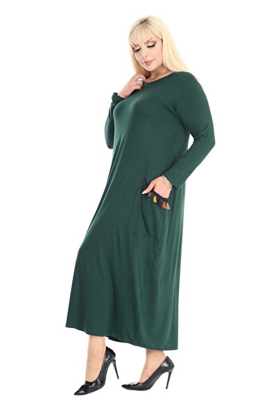 MELSAY Σμαραγδένιο Πράσινο Μακρύ Γυναικείο Φόρεμα με Φούντες Φούντες