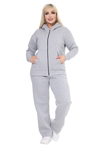 MELSAY Γυναικείο σετ χειμερινής φόρμας με φερμουάρ 3 νημάτων ανοιχτό γκρι με κουκούλα