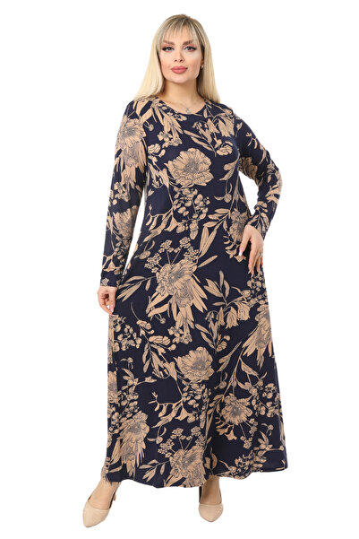 MELSAY Women's Large Size Navy Blue Palm Patterned Long Sleeve Viscose Hijab Dress