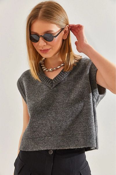 Nisantasimoda Women's V-Neck Knitwear Anthracite Sweater