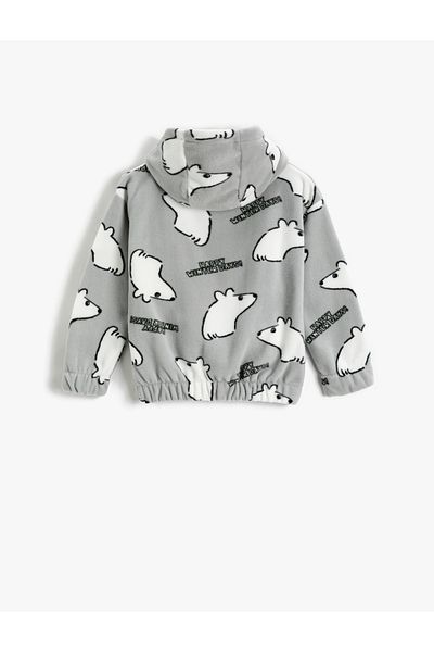 Koton Fleece Hooded Sweatshirt Polar Bear Patterned Cuffs and Elastic Waist