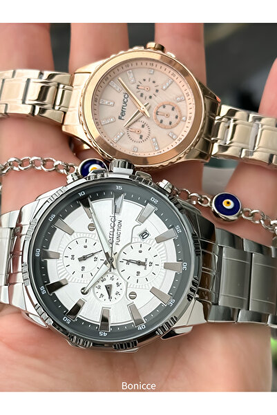 Ferrucci Marka Gümüş Rose Renk Çelik Kordon,  Sevgili Çift Kol Saatleri + Tesbih Bileklik