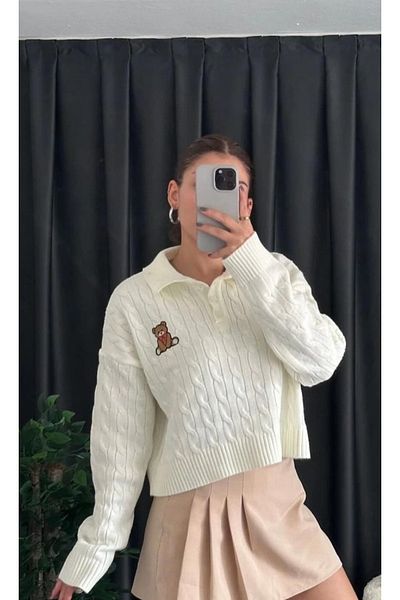DAMGA Collection Tricotaj cu model de broderie ursuleț de pluș Pulover moale