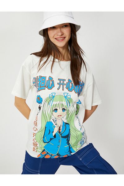 Koton Anime tričko oversize s krátkým rukávem a výstřihem bavlna