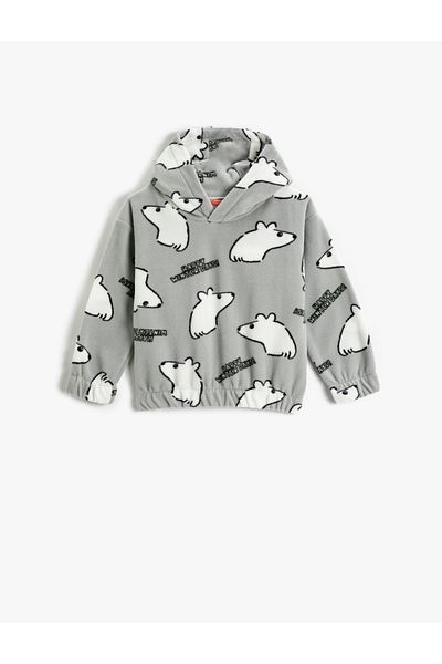 Koton Fleece Hooded Sweatshirt Polar Bear Patterned Cuffs and Elastic Waist