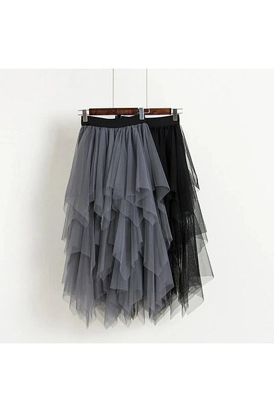 NSMLİFE Grey Irregular Asymmetrical Tulle Skirt Prom Party Wedding Graduation Tulle Skirt