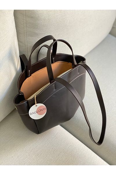 BAGLOVİS حقيبة كتف نسائية بنية متوسطة الحجم بتفاصيل كتان إضافية