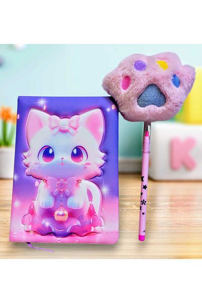 izmir yazici servis Kitten Fancy Embossed 3D Printed Pufidik Memory Souvenir Notepad Set with Paw Pen Gift