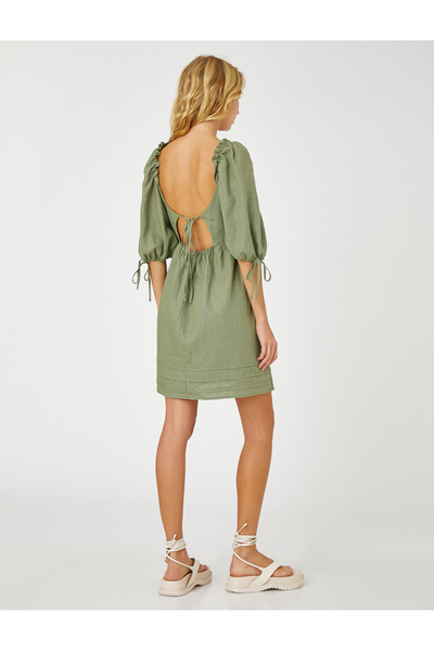 Koton Μίνι λινό φόρεμα με μπαλόνι μανίκια τετράγωνη λαιμόκοψη Αναλυτικά