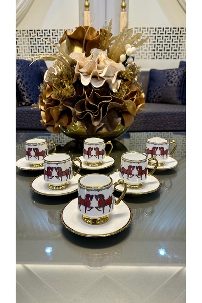 Turkuaz kristal WİNTERBACH 6 Kişilik Ayaklı Atlı Model Porselen Kahve Fincan Takımı Seti