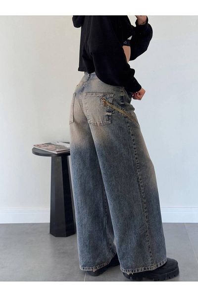 DENİKK Trend Special Design - Super Baggy Jean με φαρδύ πόδι και φερμουάρ στο πλάι, χαλαρό άνετο τζιν παντελόνι