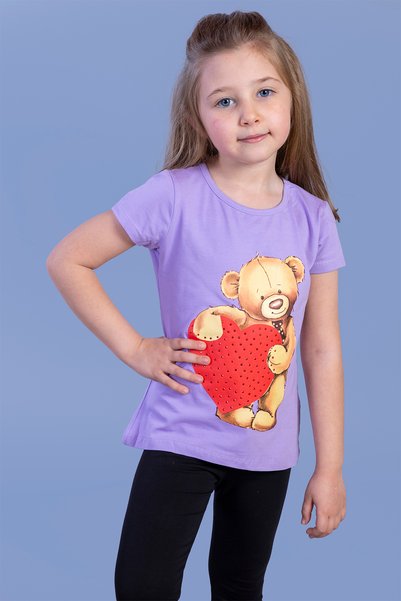 Toontoy Tricou cu inimă de ursuleț pentru fetiță cu imprimeu cu broderie de p...