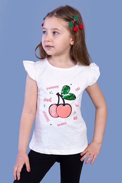Toontoy Sequin Cherry Printed Girl's T-Shirt