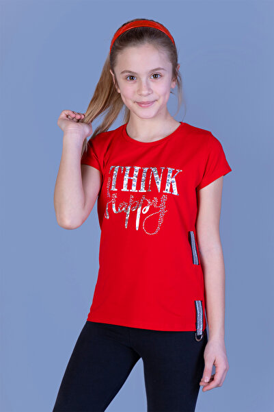 Toontoy Girl's Printed Stone Embroidered T-Shirt with Side Stripe Detail