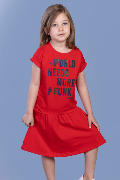 Toontoy Colorful Text Printed Girl's Dress - Gather Detailed