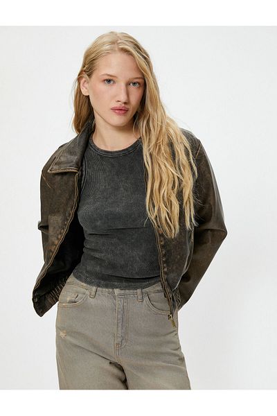 Koton Faux Leather Jacket Vintage Effect Zippered Shirt Collar