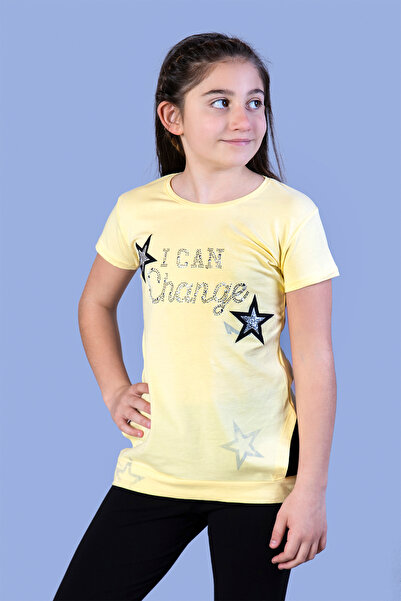Toontoy Girl's Star Printed Stone Embroidered T-Shirt