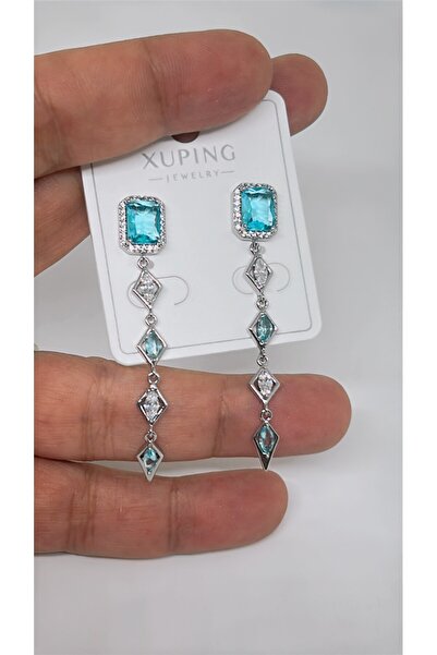 By Semra Xupıng Parlak Mavi Kristal Zirkon Taşlı Uzun Sallantılı Gümüş Zemin Tasarım Çelik Küpe