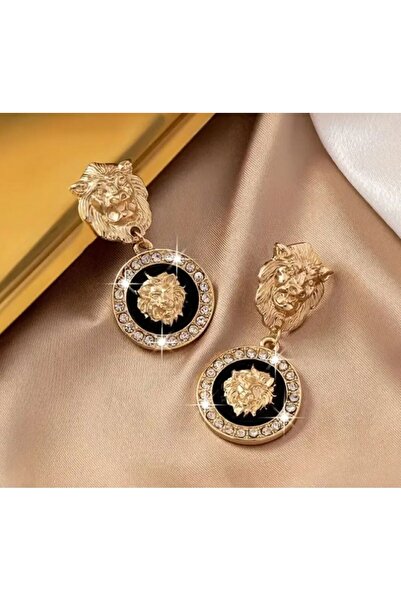 Dgt Luxury Aslan Başı Gold Gösterişli küpe-Kulap iğnesi paslanmaz çelik