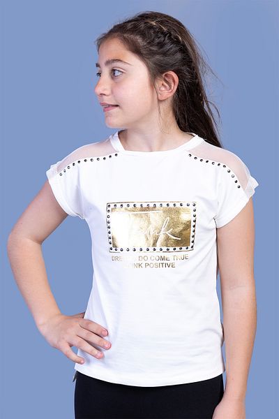 Toontoy Girl's Foil Printed T-Shirt with Shoulder Tulle Detail