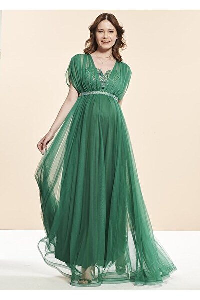 Desen Hamile Giyim Yeşil Tül - Payet Uzun Abiye Hamile Elbise