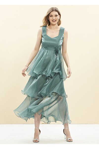 Desen Hamile Giyim Yeşil Organze Şifon Uzun Abiye Hamile Elbise