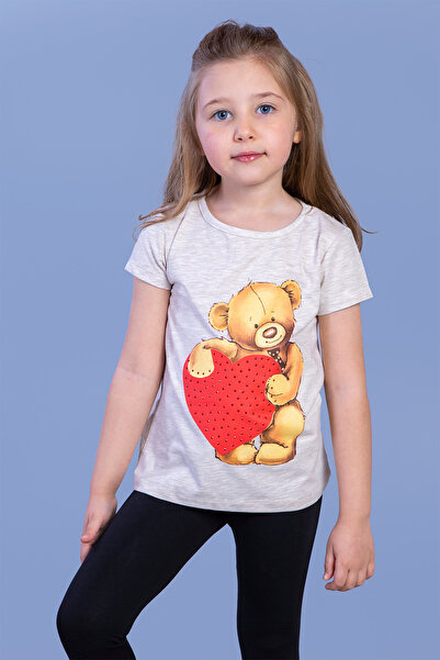 Toontoy Tricou cu inimă de ursuleț pentru fetiță cu imprimeu cu broderie de p...
