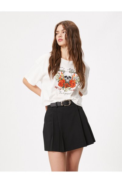 Koton Μπλουζάκι Crop με στάμπα κρανίου - Slim Fit, Crew Neck, Βαμβακερό