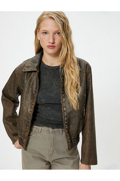 Koton Faux Leather Jacket Vintage Effect Zippered Shirt Collar