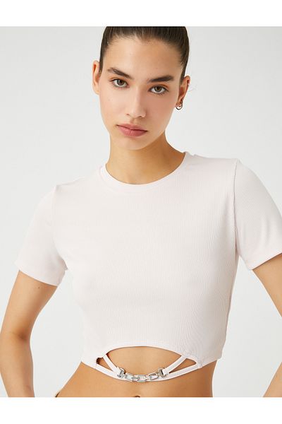 Koton Crop Tshirt Short Sleeve Crew Neck Metal Accessories