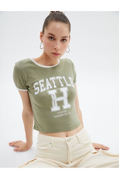 Koton Cotton Short Sleeve College T-Shirt - Crew Neck Printed